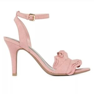 light pink faux suede dressy ruffle heels